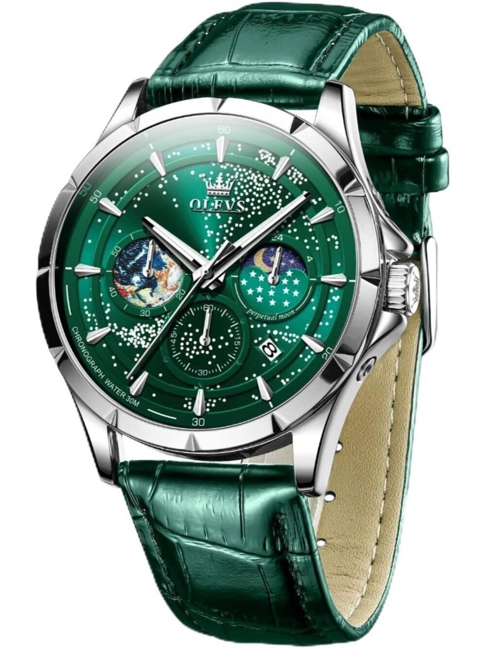 Men's Green Strap Green Dial Starry Sky Moon Phase Dial Luxury Analog Wristwatch